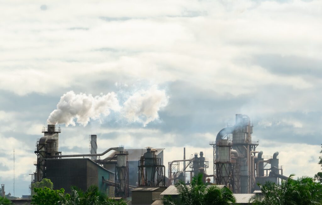 CO2 emissions. CO2 greenhouse gas emissions from factory chimneys. Carbon dioxide gas global air